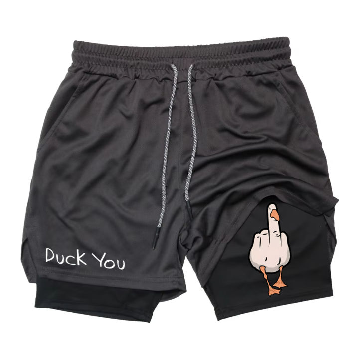 Cartoon Duck Print Men's Shorts Summer Double Layer Letter Print Quick Drying Pants Fitness Tracksuit Beach Short Pants RL0358