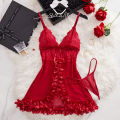 Summer Women's Pajamas  Red Lingerie Night Dress Lace See Through Nightdress Sleepwear Elegant And Sensual Underwear Set. 