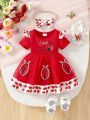 2025 Summer New Beetle Pattern Lace Short Sleeve Same Pattern Headband Dress. 