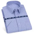 Mens Short Sleeve Shirt Business Casual Classic Plaid Striped Checked Male Social Dress Shirts Purple Blue 5XL Plus Large Size. 