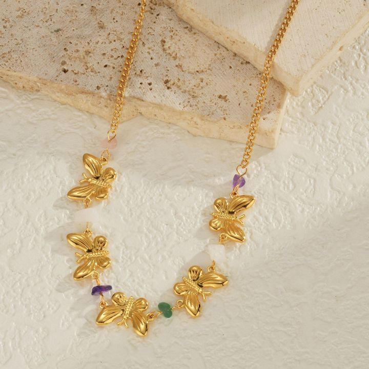 Kissmoon Trendy Charms Butterfly With Colorful Stone Stainless Steel Necklace for Women Brithday Party Necklace Jewelry