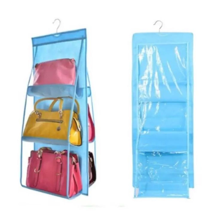 6 Pocket Hanging Purse Organizer Clear Hanging Shelf Bag Collection Storage Holder