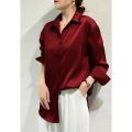 French Elegant Women Satin Glossy Shirt Summer Solid Loose Long Sleeve Blouses Office Lady's All-Match Shirt Vintage Casual Top. 