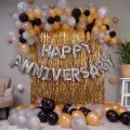 47Pcs Happy Anniversary Decoration Set – Banner, Latex Balloons, Foil Backdrop Curtain – Black Golden Silver Anniversary Room Decor for Home Setup & Party. 