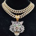 Hip Hop 3D Tiger Pendant Necklace with 13mm Crystal Cuban Chain HipHop Iced Out Bling Necklaces Men Women Fashion Charm Jewelry. 