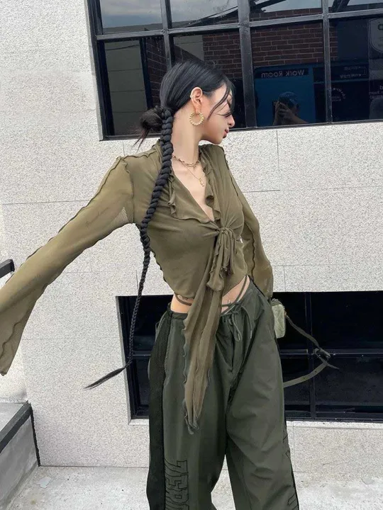 Long%20Flare%20Sleeve%20Blouses%20for%20Women%20Lace-up%20Mesh%20%20Sweet%20Hot%20Girls%20Korean%20Fashion%20Style%20All-match%20Solid%20Design%20Elegant%20Casual%20-%20Image%206