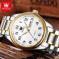 OLEVS Trendy popular mens watches Dual Calendar waterproof Arabic numeral scale luminous quartz wristwatch genuine watch for man. 