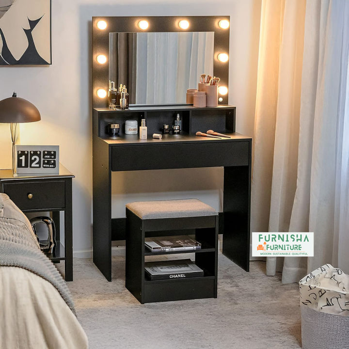 Vanity Makeup Table with Lighted Mirror, 10 Bulbs, Large Drawer, Tabletop Storage Shelf, Modern Bedroom Vanity Desk Makeup Dressing Table with Cushioned Stool for Girls Women, 54/36''