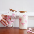 1/2/4/6Pcs Glass Cups with Bowknot Print, with Lid and Straw, Exquisite and High-End Bowknot Glass Cups, Suitable for Home Decoration, Daily Household Drinking Cups, Outdoor Picnic Cups, Party Cups, Breakfast Milk Cups, -Giving Items. 