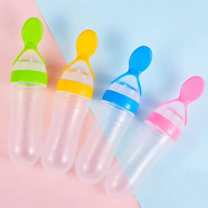 JMW Premium Baby Spoon Feeder - 90ml Silicone Baby Feeding Bottle With Spoon Newborn Infant Squeeze Spoon Toddler Food Supplement Rice Cereal Bottle Milk Feeder