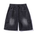 Retro Smoke Gray Cargo Denim Shorts Men's Knee Length Loose Jeans Big Pocket Design Elastic Waist Fashion Korean Casual Shorts.