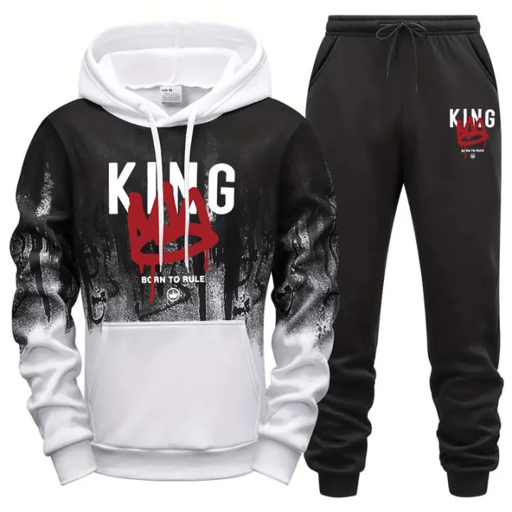 King Printing Mens Tracksuit Casual Splash-ink Hooded Sweatshirt+Pants Set Sports Jogging Suit Outdoors Street Men Clothing 2025