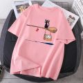 Magic Broom Cat Harajuku T-shirt Women's Fashion Short Sleeved Summer T-shirt Black Outdoor Fitness T-shirt Poleras Women's.