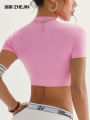 Seamless Yoga Crop Top Women Half Zip Mock Neck Short Sleeve Sports T-shirt Gym Workout Top Slim Fit Fitness Tights Sportswear. 