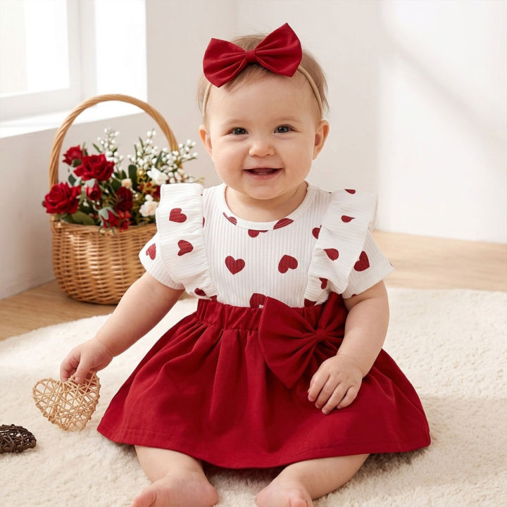 Eid Collection Baby Girl Heart Print 2 Piece Dress Set – Summer Cotton Red Half Sleeve Outfit (Newborn–3 Years)