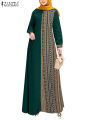 ZANZEA Women Ethnic Printed Panels Maxi Dress Long Sleeve Hijab O Neck Muslim Islamic Patchwork Vestidos Loose Casual Abaya Robe.