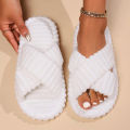Solid Striped Women's Cotton Fabric Slippers Indoor Cross Strap Open Toe Flat Flip Flops Autumn Lightweight Comfort Slides. 