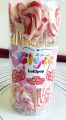 heart shaped strawberry flavored red and white swirl lollipop candy 25pc bucket. 