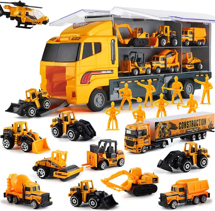 10 In 1 Construction Toys Truck Storage Die-cast Vehicle Transporter Car Set Excavator Dump Truck Digger Backhoe for Kids