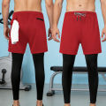 Men's Athletic Quick Dry Dual-Layer Compression Long Trousers Inner Compression Tights & Outer Sport Shorts Gym & Running Gear.