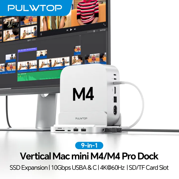 PULWTOP Mac mini M4 Dock with HDMI 4K & M.2 SSD Enclosure, USB-C Hub ...