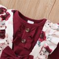0-18Months Baby Girl Clothes Set Red Color Long Sleevs Bodysuit + Flower Strap Pants 2PCS Infant Girl New Years Clothing Suit.