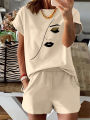 Summer Women's Fashion Simple Portrait Print Casual Loose Round Neck Short Sleeved T-Shirt Shorts Two-Piece Set. 