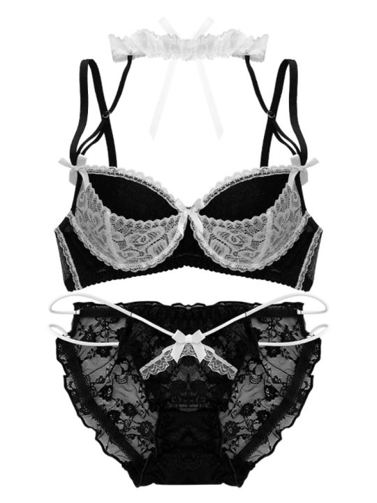Anime Maid Lace Bra Set S-XL Christmas Neck Tie Wireless Push Up Small Chest Anti Sagging Pure Kawaii Bralette セクシー Underwire