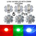 1W RGB Red Green Blue Color in 1 LED High Power LED Light 6 pin With 20mm Heatsink. 