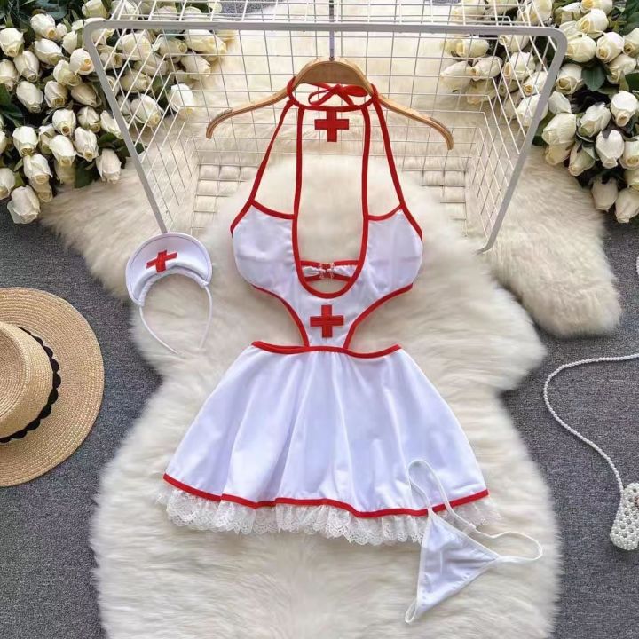 Women Halter Neck Backless Mini Dress V-Neck Contrast Color Lace Patchwork Hollow Dress Nurse Cosplay Uniform Lingerie