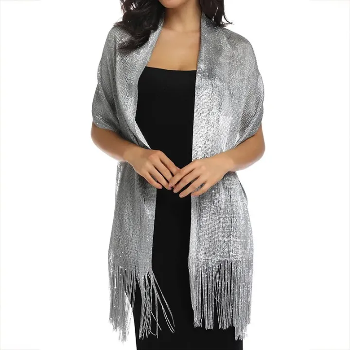 Gold%20Thread%20Tassel%20Scarf%20Shawl%20For%20Women%20Luxury%20Glitter%20Silver%20Scarves%20Ladies'%20Fashionable%20Simple%20Party%20Shawls%20160*50cm%20-%20Image%203