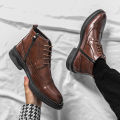 Men Block Heel Lace-up And Side Zipper Design Brogue  Boots. 