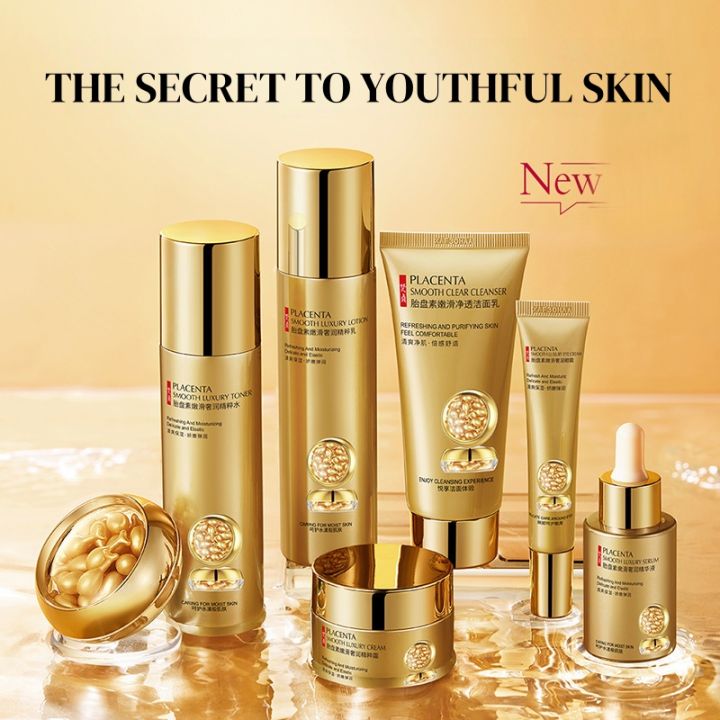 Placenta Skin Care Seven-Piece Set, Rich in Placenta Essence Ingredients, Moisturizing Skin Care Products, Hydrating, Nourishing, Refreshing, Lotion Set, Including Facial Essence, Eye Cream, Face Cream, Cleanser, Essence Cream, Suitable for All Skin Ty...