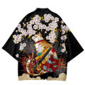 Japanese Cat Kimono Haori Cardigan Sakura Pattern Ukiyo-e Style Open Front Streetwear Harajuku Coat For Cosplay Party Tops.