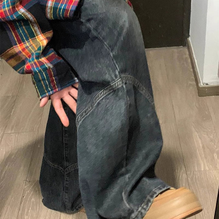 Y2K%20Spicy%20Girl%20Dark%20Series%20Wide%20Leg%20Jeans%20Women's%20New%20High%20Street%20Splicing%20Loose%20High%20Waist%20Slimming%20Flare%20%20Pants%20-%20Image%202