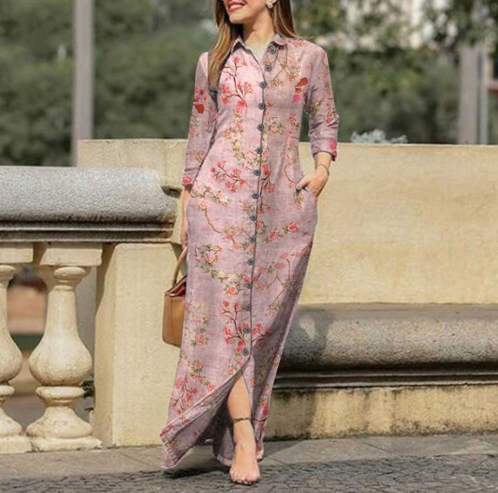 2024%20Summer%20New%20Fashion%20Long%20Women's%20Dress%20Single%20Breasted%20Long%20Sleeved%20Elegant%20Print%20Loose%20Vacation%20Banquet%20Dress%20-%20Image%207