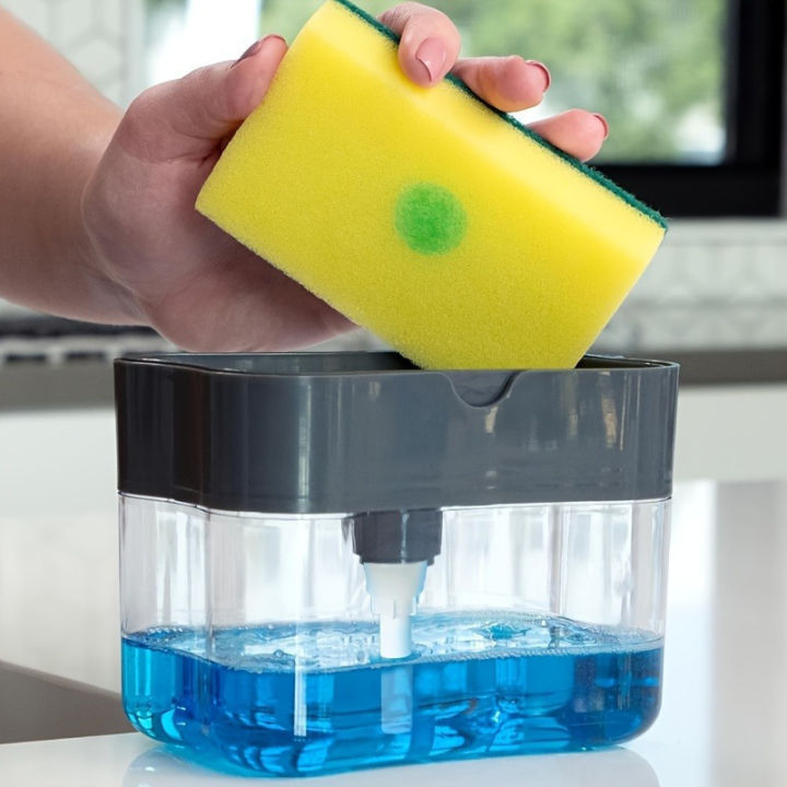 1/2pcs%20Automatic%20Soap%20Dispensers%20Sponge%20Holder%20Press%20Bottle%20Liquid%20Dishes%20Cleaning%20Tool%20with%20Sponge%20Wipe%20Combo%20Kitchen%20Sink%20Use%20-%20Image%203