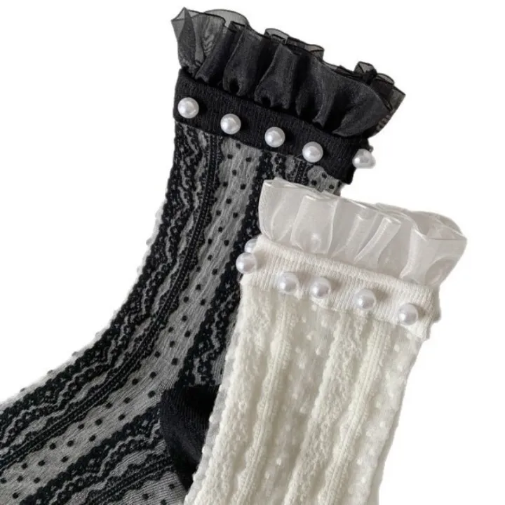 2%20pairs%20Fashionable%20versatile%20Women's%20Socks%20Thin%20Solid%20Color%20Lace%20Frilly%20Socks%20minimalist%20Breathable%20women%20Transparent%20Socks%20-%20Image%205