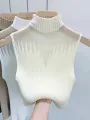 Mesh Knitted Top Women Y2K Tank Top Half Neck Vest Female Sleeveless Sweater Chic Cut Out Streetwear Solid Skinny White Tube Top. 