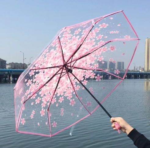 1PCS Portable cute flower household rain gear cherry blossom transparent umbrella wind and rain protection 3 fold PVC umbrella
