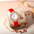 6 PCS New Lxury Love Rhinestone Jewelry Ladies Ring Necklace Earrings Bracelet Set Simple Digital Leather Strap Quartz Watch. 