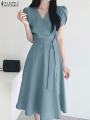ZANZEA Elegant Summer Short Sleeve Dress Women Fashion OL Work Sundress Robe Femme Casual Solid A Line Vestido Kaftan Sarafans.