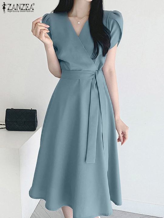ZANZEA%20Elegant%20Summer%20Short%20Sleeve%20Dress%20Women%20Fashion%20OL%20Work%20Sundress%20Robe%20Femme%20Casual%20Solid%20A%20Line%20Vestido%20Kaftan%20Sarafans%20-%20Image%203