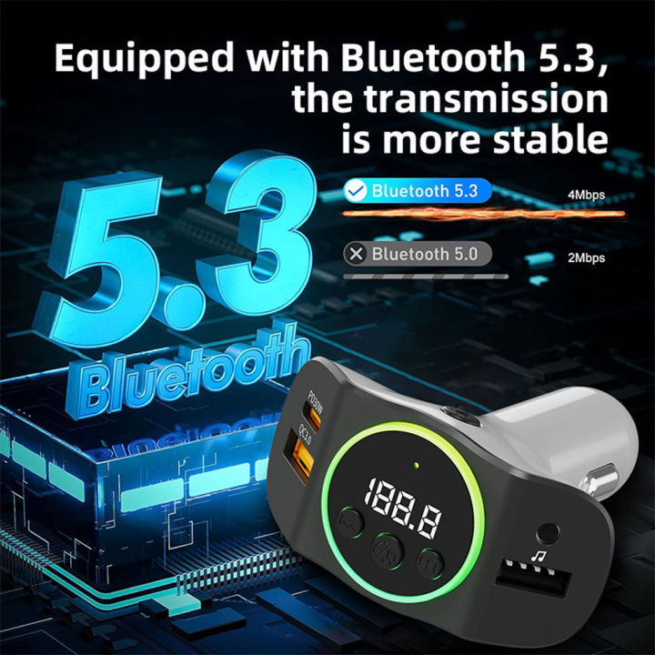 PD30W+QC3.0%20Bluetooth%205.3%20Car%20MP3%20Player%20FM%20Transmitter%20Wireless%20Handsfree%20U%20Disk%20Play%20Music%20USB%20Type-C%20Car%20Fast%20Charger%20Adapter%20-%20Image%202