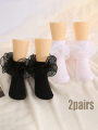2 Pairs of Children's Ruffled Princess Short Socks, White and Black Thin Dance Socks for Girls Aged 1-12, Suitable for Daily Wear in All Seasons.