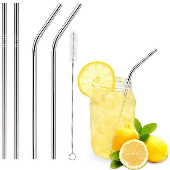 "Pack of 5 - Bent Reusable Stainless Steel Straw with Cleaning Brush - Big Size Straws - Eco-Friendly Metal Drinking Straws - Stainless Steel Straws Set - Reusable Metal Straws with Cleaning Brush - Large Stainless Steel Drinking Straws -