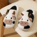 New Winter Unisex Cartoon Cow Warm Plush Slippers Couple's Indoor Non-slip House Slides Men And Women Toe Wrap Home Cotton Shoes. 