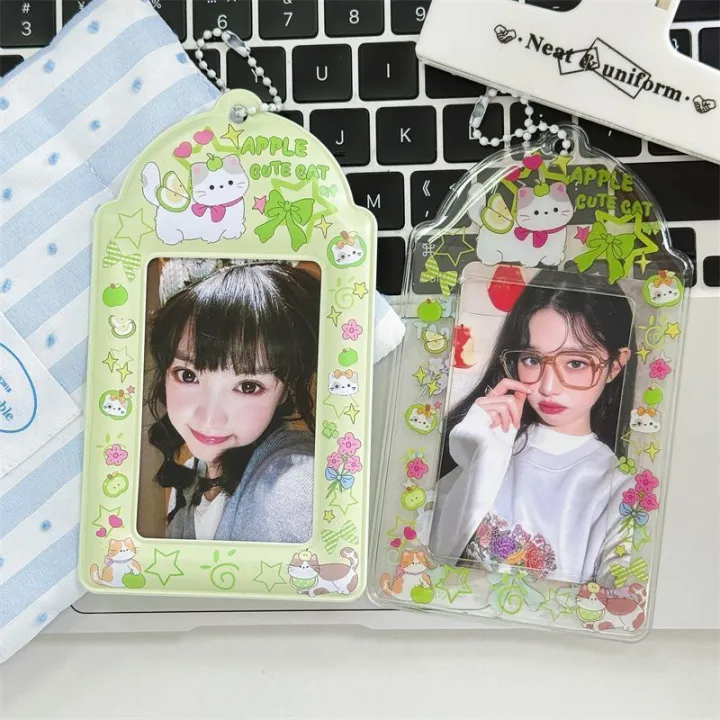 2pcs%20Cute%20Cartoon%20Cat%20Card%20Holder%20Green%20Tone%20Ins%20Style%20PVC%20%20Idol%20Photo%20Storage%20Pendant%20-%20Image%204