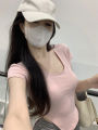 Sexy Slit Niche Design Crop Top Women Square Neck Slim Solid Short Sleeve Tee All-match Korean Popular Summer New Top. 