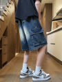 Summer Men's Cargo Denim Shorts Baggy Straight Fashion Casual Wide Leg Short Pants Big Pocket Beach Vacation Short Jeans Male. 